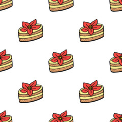 Seamless background with cakes with cream flowers. Endless pattern on white background. Vector image. Sweet food.