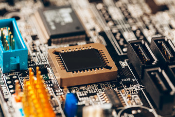 Computer electronic circuit board with processor close up