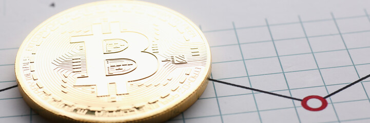 Coin crypto currency bitcoin against the background of a changing chart subject gold exchange pyramid for money in connection with the growth or fall exchange rate closeup.