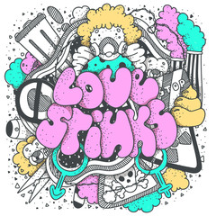 Love stinks text lettering. Drawn art sign. Sarcastic valentine card design.