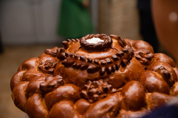 Russian wedding bread with salt. Russian wedding ceremony