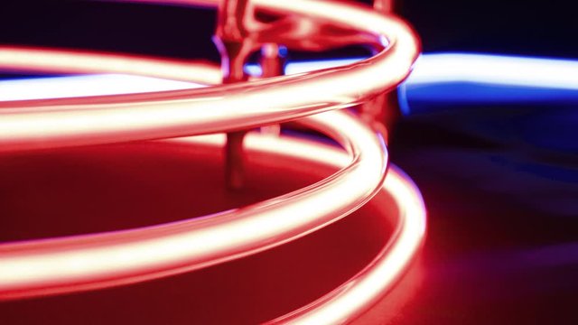 Abstract neon glass tube light, round circle red interior neons glowing 4k
