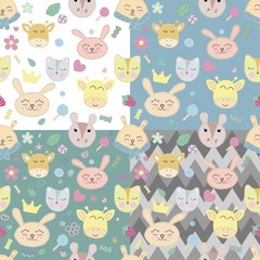 vector seamless pattern, cute animal faces on different background