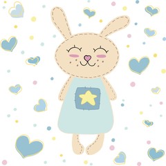 vector illustration, cute bunny toy, hearts