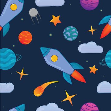 vector seamless pattern, rocket, planet, stars in space, illustration for a boy