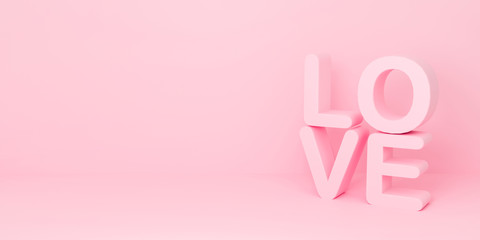 LOVE typography on pink background texture for Happy valentine is day celebration. 3D text logo in pastel color design. Minimal creative idea concept. Used for greeting card and banner on website.