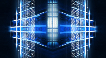 Background of empty show scene. Empty dark modern abstract neon background. Glow of neon lights on an empty stage, diodes, rays and lines. Lights of the night city.