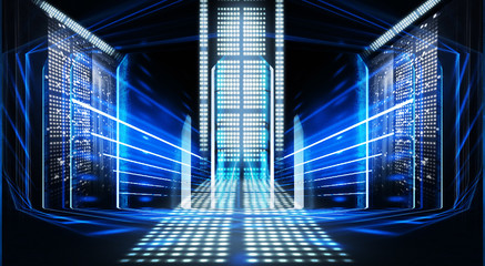 Background of empty show scene. Empty dark modern abstract neon background. Glow of neon lights on an empty stage, diodes, rays and lines. Lights of the night city.