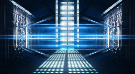 Background of empty show scene. Empty dark modern abstract neon background. Glow of neon lights on an empty stage, diodes, rays and lines. Lights of the night city.