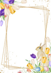 Hand drawing easter watercolor bunnies with flowers, branches and leaves. Watercolour cute rabbit illustration spring style. Greeting bunny card, easter banner, frame.