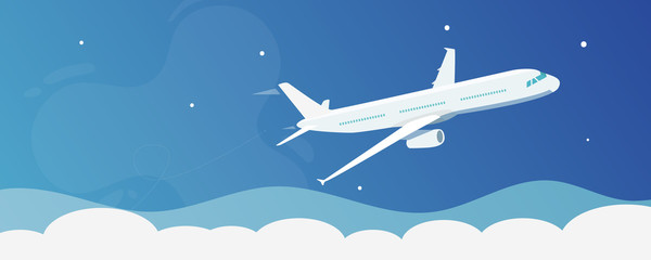 Flying airplane in clear blue sky design concept - flat vector illustration.