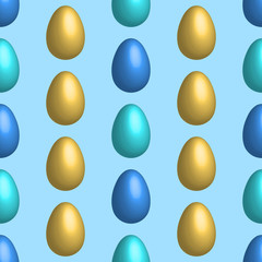 Happy Easter seamless pattern with golden and blue eggs on color background. Design for card, postcard, wallpaper, posters. 3d vector stock illustration. Cartoon style.