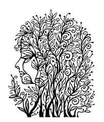 Drawing of a female head from plant leaves