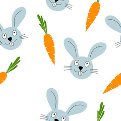 Seamless pattern with cute Easter bunny and carrot on white background. Design for card, postcard, wallpaper, posters. Vector stock illustration. Cartoon rabbit. 