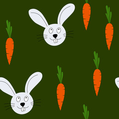 Seamless pattern with cute Easter bunny and carrot on green background. Design for card, postcard, wallpaper, posters. Vector stock illustration. Cartoon rabbit. 