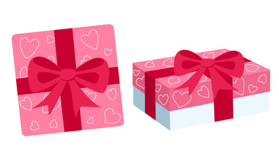 Set of gift square boxes top and side view with bows and a pattern of hearts for Valentine's Day. Hand-drawn pink color packaging. Stock vector illustration isolated on white background.
