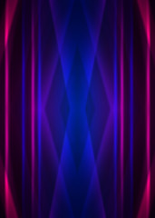 Dark abstract futuristic background. Neon lines glow. Neon lines, shapes. Multi-colored glow, blurry lights, bokeh. Empty stage background
