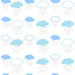 The seamless pattern of cute blue cloud and white cloud with The rainbow color of rain drop. The pattern of could and raindrop. The cute seamless pattern background.