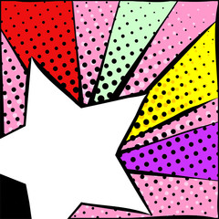Bright frame with star in pop art style. Diverging multi-colored rays of red, yellow, turquoise, purple and pink. White star with a black stroke. Pop art pattern.