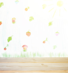 Empty wooden shelf on the blur background of berry and fruit in summer