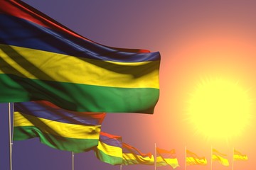 cute many Mauritius flags placed diagonal on sunset with space for your content - any occasion flag 3d illustration..