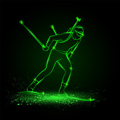 Obraz na płótnie Canvas Biathlon winter sport. Biathlon man linear silhouette skiing. Side view vector green neon biathlon competitor illustration.
