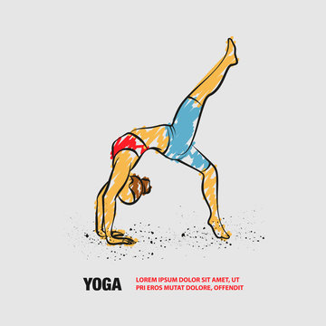 One leg bridge yoga pose. Vector outline of woman practices yoga with scribble doodles style.