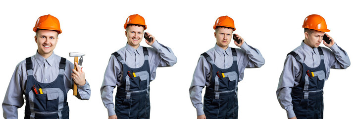 A builder in an orange safety helmet is using a tablet phone.