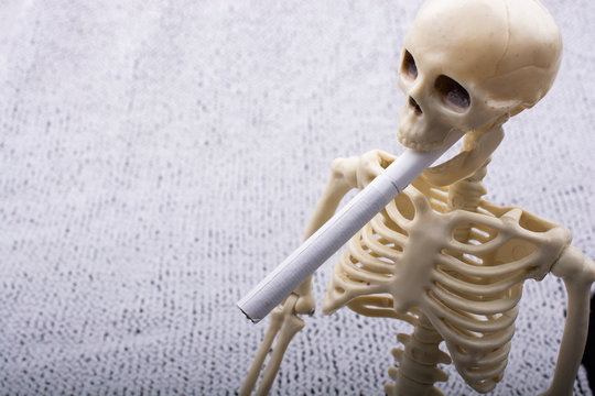 Human skeleton model posing with cigarette in mauth for medical anatomy science