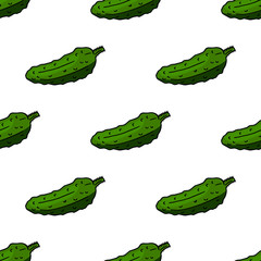 Cute cucumbers on white background. Seamless background. Endless pattern. Vector image. Healthy food and diet.