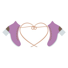 Two pink women's of shoes with tangled shoelaces in shape heart. City fashionable youth shoes. Two sneakers intertwined shoelaces. Women casual footwear. Isolated flat vector illustration.