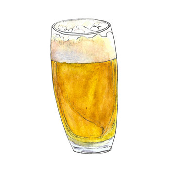 Hand drawn watercolor glass of light beer isolated on white background. Vintage  illustration for bakery poster, menu, price list, print. Book picture. 