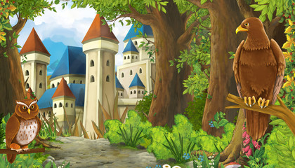 funny cartoon scene with eagle bird in the forest with hidden entrance illustration for children