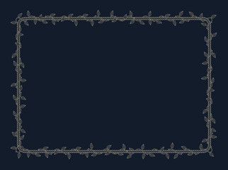 Vector rectangle rope frame overgrown with plant with thorns and leaves. Dark background