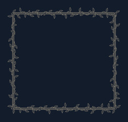 Vector square rope frame overgrown with plant with thorns and leaves. Dark background