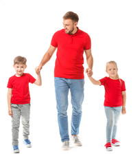 Portrait of happy father and children on white background