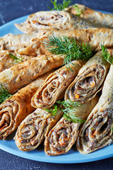 buckwheat crepe rolls with meat, veggies, top view