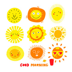 Cute sun faces set isolated on white background.