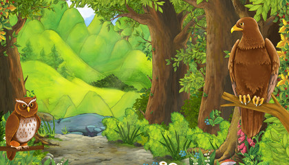 cartoon scene with eagle bird in the forest with hidden entrance illustration for children