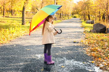 Obraz premium Cute little girl with umbrella in autumn park