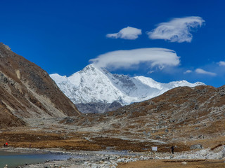 Everest base camp trek itinerary: Gokyo village, Solokhumbu, Nepal. Picturesque view on Cho Oyu peak.