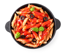 Frying pan with tasty pasta and tomato sauce on white background