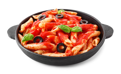 Frying pan with tasty pasta and tomato sauce on white background