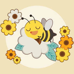 Obraz premium The character of cute bee sleepping on the white flower with orange and yellow flower on the yellow background. The cute bee have a good time with the white background.