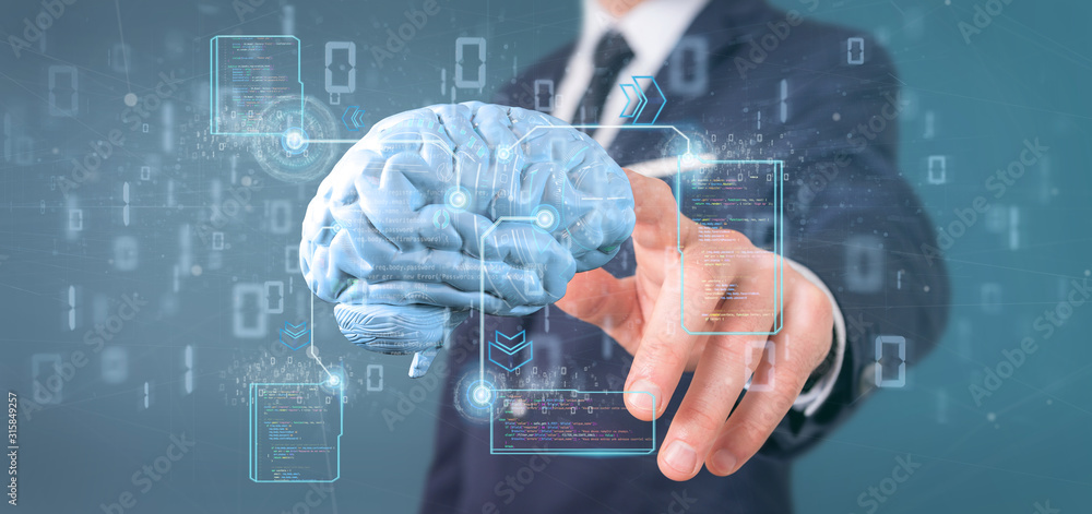 Poster businessman holding a intelligence artificial brain with data - 3d rendering
