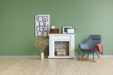 Interior of modern room with fireplace