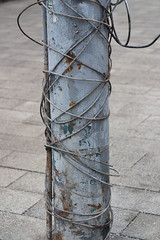 a pole wrapped with old wires and cables