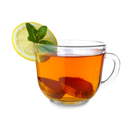 Cup of tasty ginger tea on white background