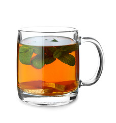 Cup of tasty ginger tea on white background