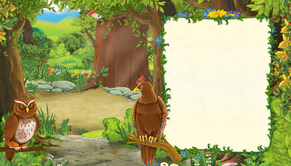 funny cartoon scene with eagle bird in the forest with hidden entrance illustration for children